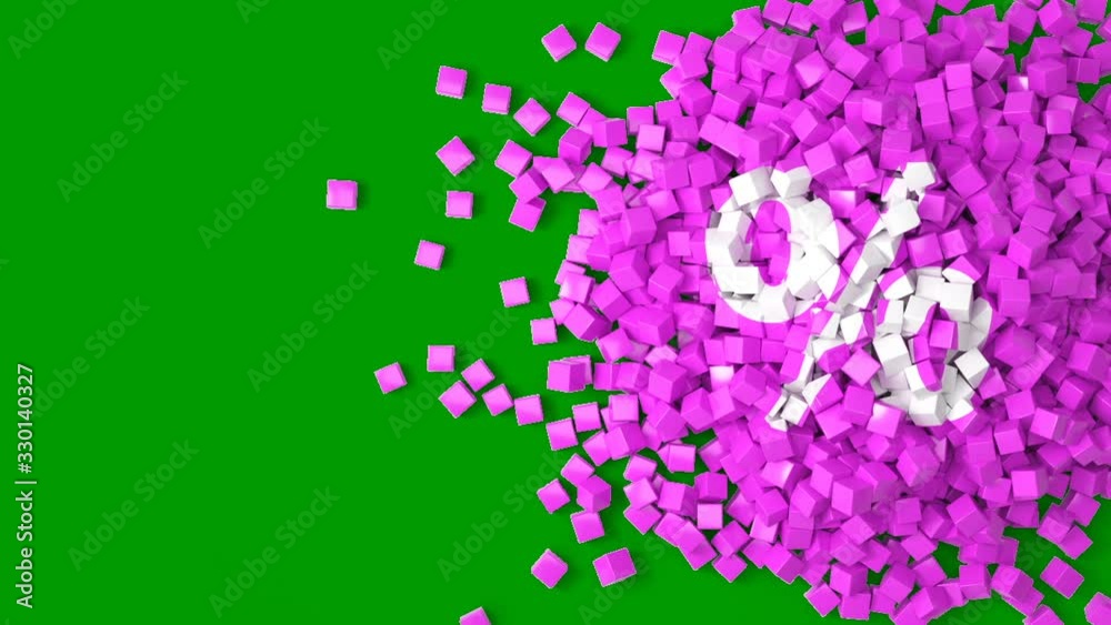 red cubes falling to the floor showing a percent sign 3d render on green screen red cubes falling to the floor showing a percent sign 3d render on green screen