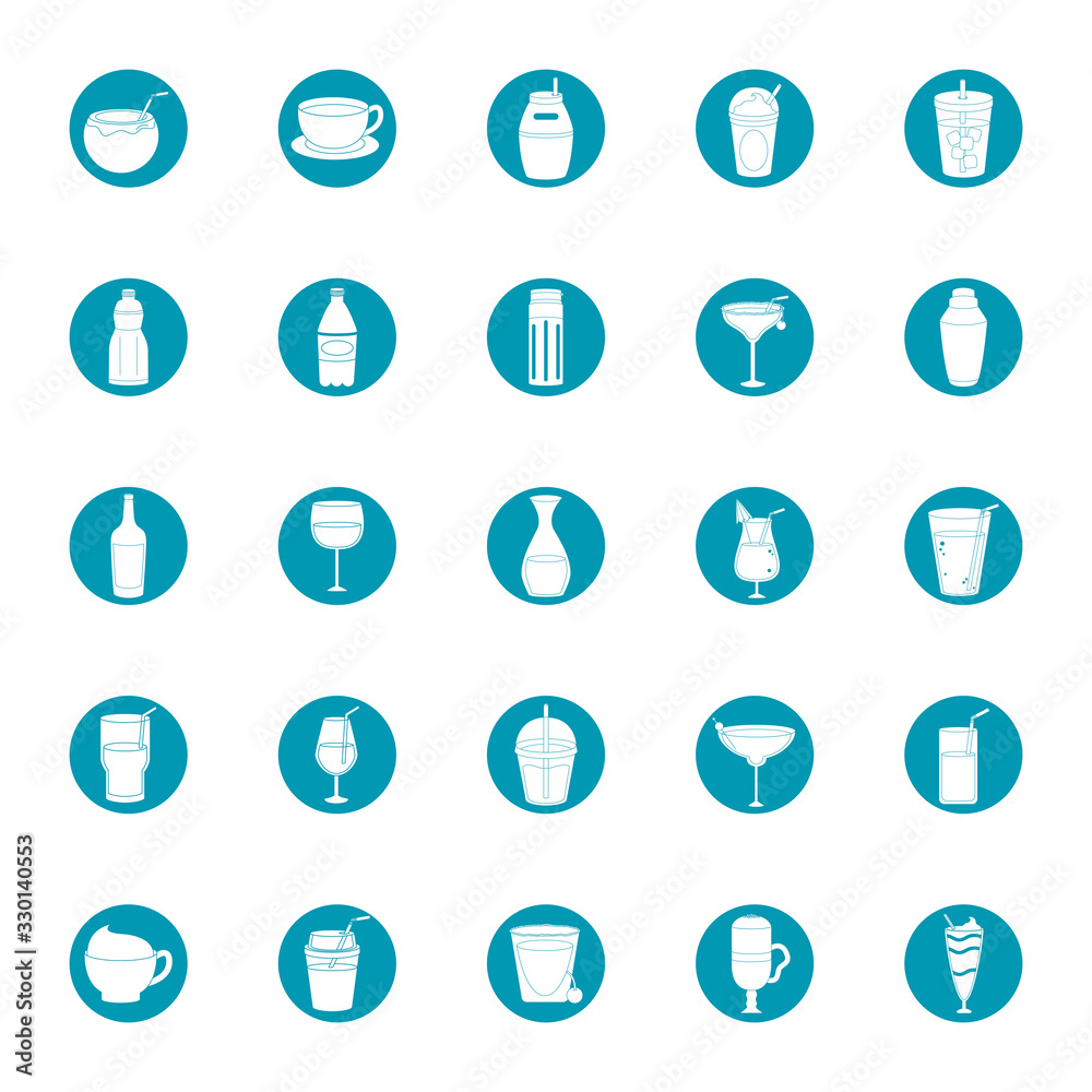 drinks beverage glass cups bottle alcoholic liquor icons set blue block style icon drinks beverage glass cups bottle alcoholic liquor icons set blue block style icon