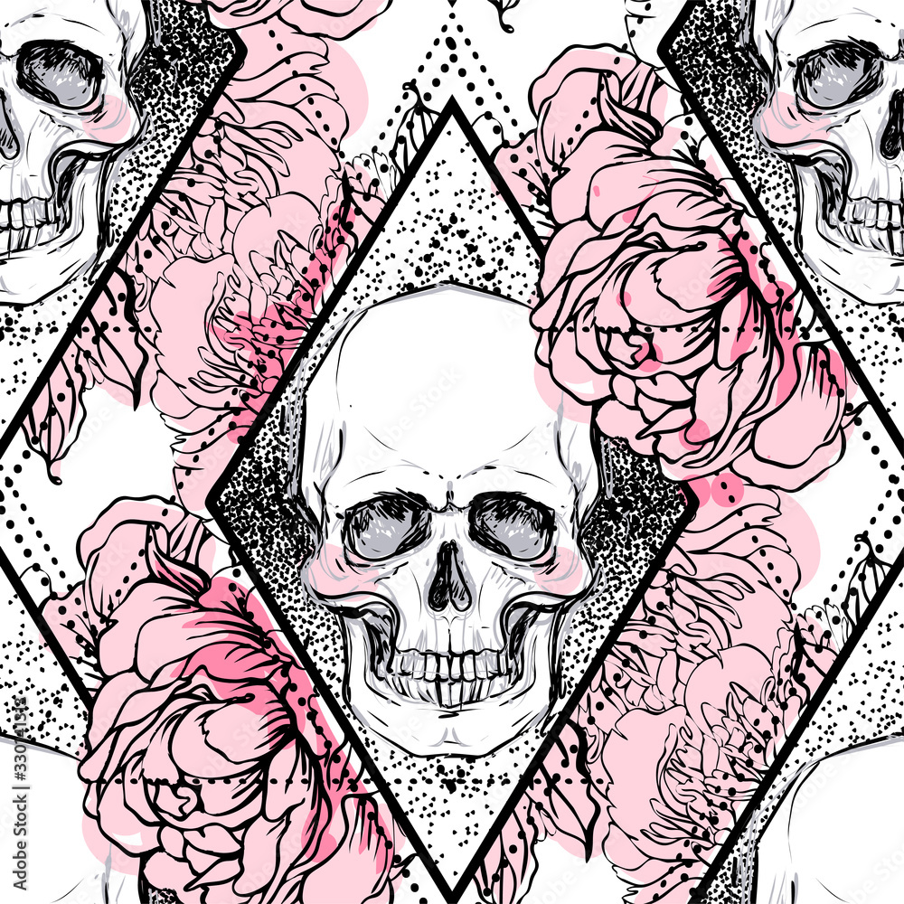 Human skull with peony, rose and poppy flowers over sacred geometry  background. Seamless pattern. Tattoo design element. Vector illustration  for wallpaper, textile print, wrapping paper. Stock Vector | Adobe Stock