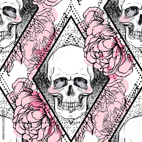 Human skull with peony, rose and poppy flowers over sacred geometry background. Seamless pattern. Tattoo design element. Vector illustration for wallpaper, textile print, wrapping paper.