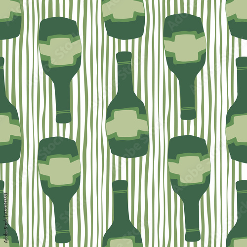 Funny green glass bottle seamless pattern on stripes background. Alcohol rum bottles.
