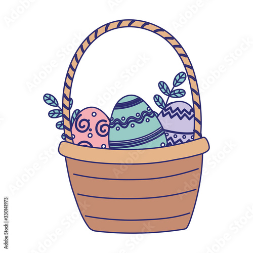 happy easter basket with eggs foliage decoration