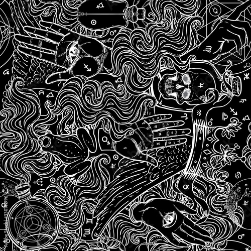 Mystic, magic, background. Religion and the occultism with esoteric and masonic symbols. Medieval manuscript inspired. Vector seamless pattern in retro style. Repeating Trendy stylish texture.