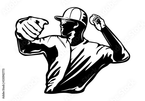 Baseball player. Baseball cap. Hitter swinging with bat. Abstract isolated vector silhouette. Iink drawing