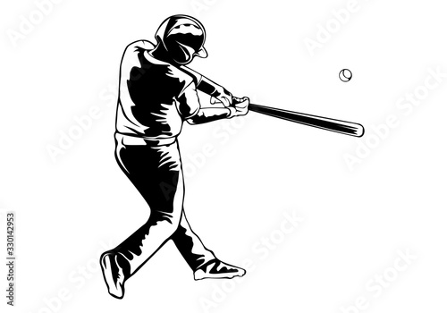 Baseball player. Baseball cap. Hitter swinging with bat. Abstract isolated vector silhouette. Iink drawing