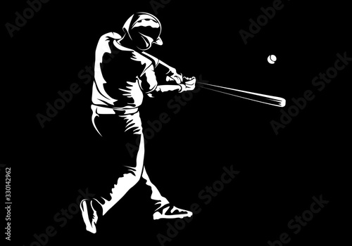 Baseball player. Baseball cap. Hitter swinging with bat. Abstract isolated vector silhouette. Iink drawing