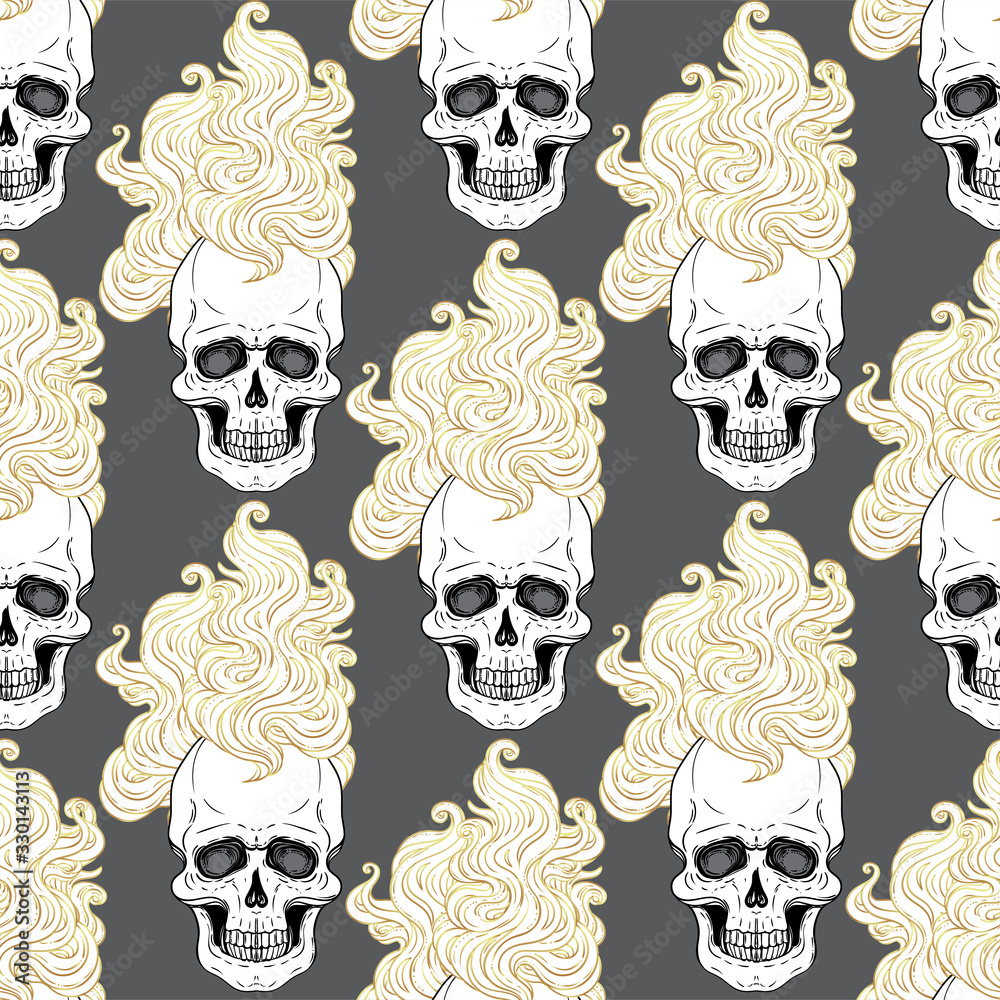 Human skull with fire or hair. Demon, fairy tale character.Mystic, magic, background. Religion and the occultism with esoteric and masonic symbols. Vector seamless pattern in retro style.