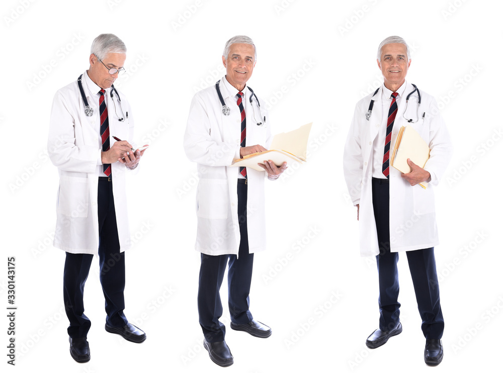 Three views of a mature doctor writing a prescription, holding a patients file while wearing a lab coat in different poses, isolated on white. Three views of a mature doctor writing a prescription, holding a patients file while wearing a lab coat in different poses, isolated on white.