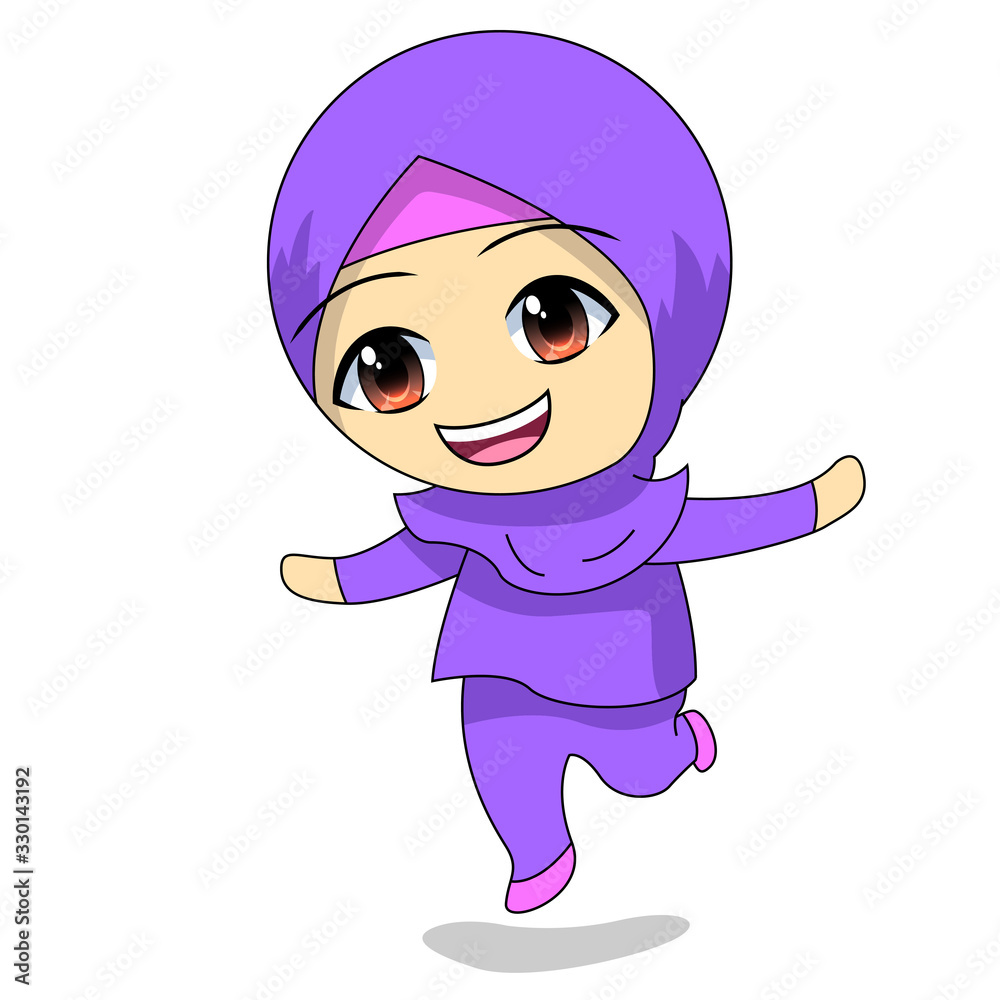 Little girl dancing. Cute Muslim children cartoon. daily fun activity ...