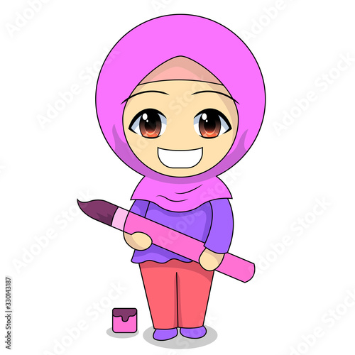 Little girls coloring. Cute Muslim children cartoon. daily fun activity. Vector - happy female Cartoon Character. illustration