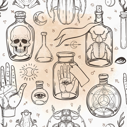 Mystic, magic, background. Religion and the occultism with esoteric and masonic symbols. Medieval manuscript inspired. Vector seamless pattern in retro style. Repeating Trendy stylish texture.