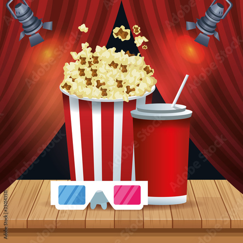 pop corn bucket with soda cup and 3d glasses