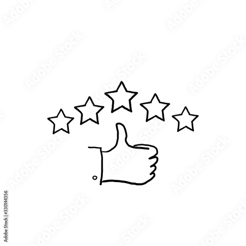 hand drawn customer review icon, quality rating, feedback, five stars line symbol on white background doodle