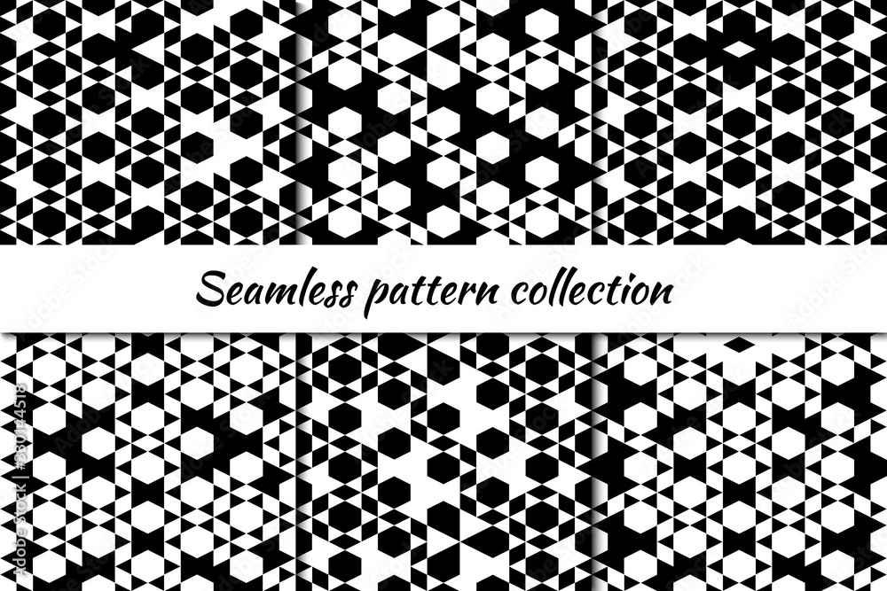 Hexagon, rhombuses, diamond, lozenges, triangle seamless pattern collection. Folk prints. Ethnic ornament set