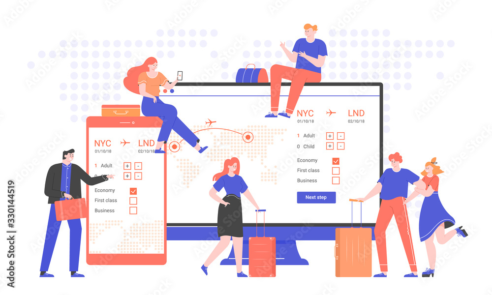 Concept illustration of an online airline ticket service. Group of people with suitcases and bags next to a computer monitor and a smartphone. Travel and business trips. Trendy vector flat. Concept illustration of an online airline ticket service. Group of people with suitcases and bags next to a computer monitor and a smartphone. Travel and business trips. Trendy vector flat.