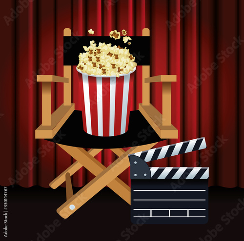 directors chair with popcorn bucket and clapboard