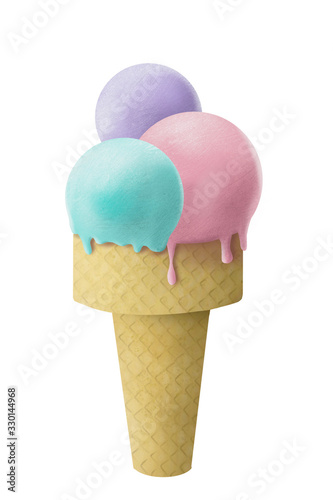 Classic taste. Hand Drawn ice cream. Colorful balls. Summer vacation. Pastel palette. Happy childhood. Ice cream waffle cone. Cafe restaurant food. Yummy frozen yogurt. Postcard design