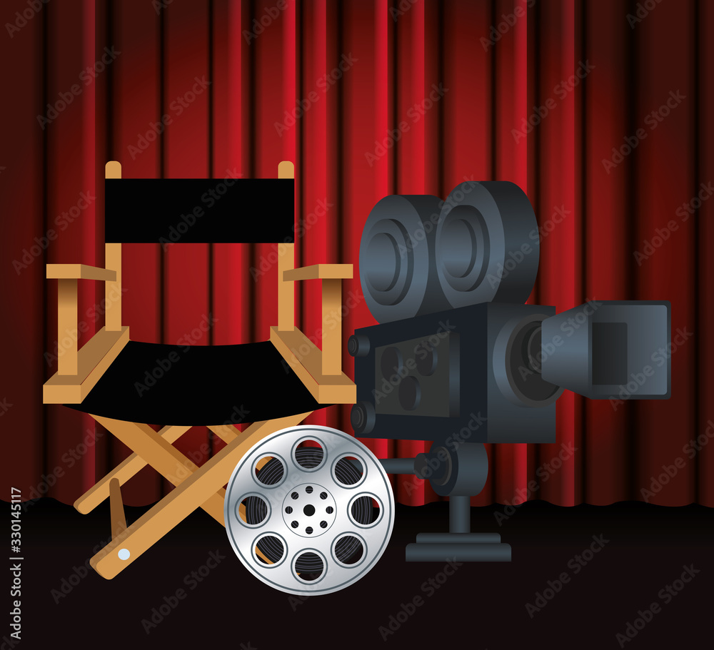 cinema camera with directors chair and film reel