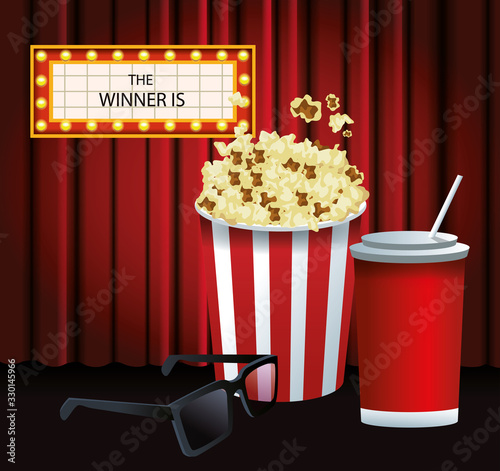 popcorn bucket with glasses and soda cup