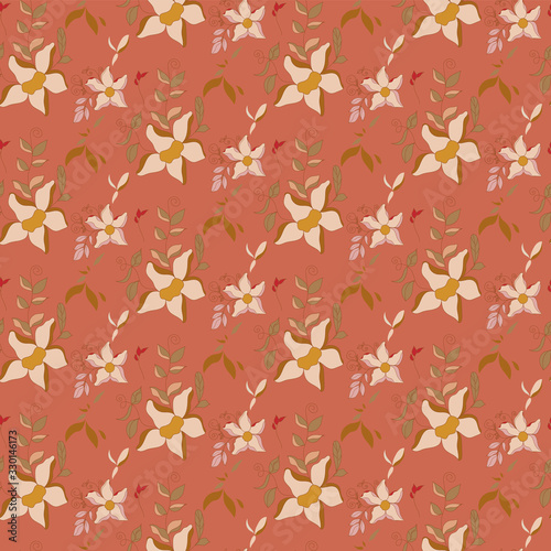 Vector orange seamless pattern background with flowers. 