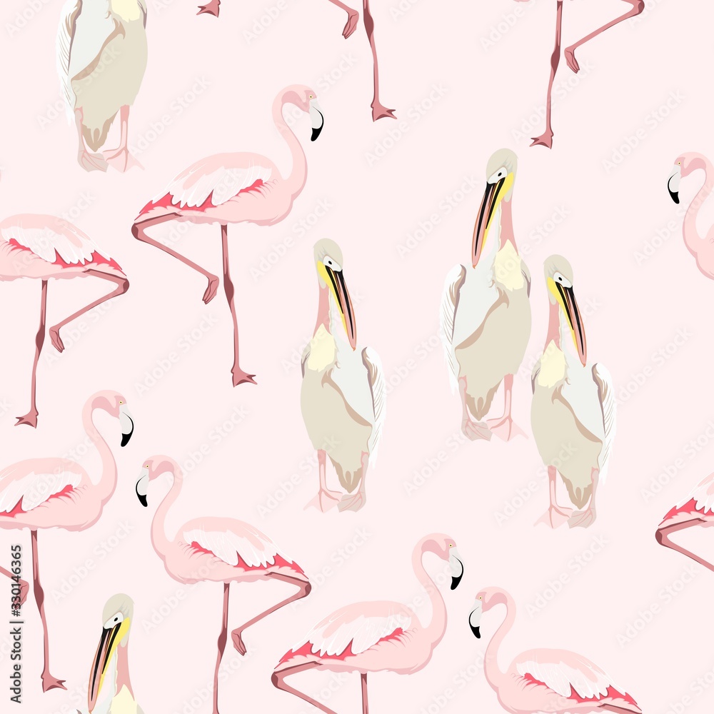 Seamless pattern with hand drawn cute pelicans and pink flamingo birds. Hand drawn beautiful animal design elements. Seamless pattern with hand drawn cute pelicans and pink flamingo birds. Hand drawn beautiful animal design elements.