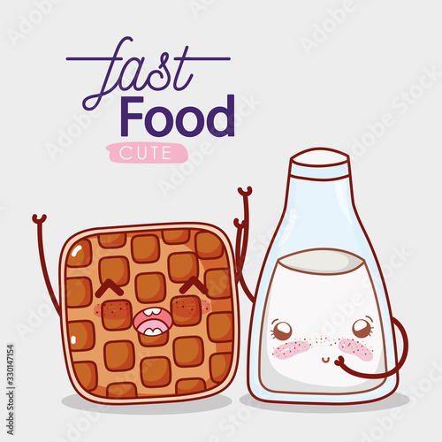 fast food cute waffle and milk bottle cartoon character