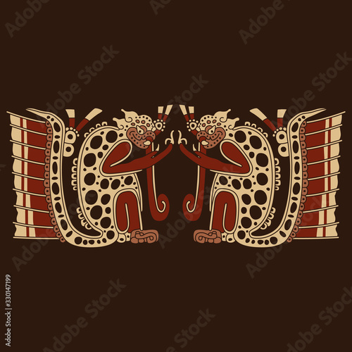 Isolated vector illustration. Symmetrical tribal decor with two fantastic monsters. Ancient Mexican art of Maya Indians.