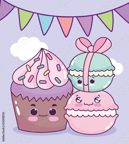 cute food cupcake and macaroons sweet dessert pastry cartoon