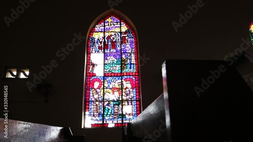 Interior of Church Stained Glass Window Damaged by War