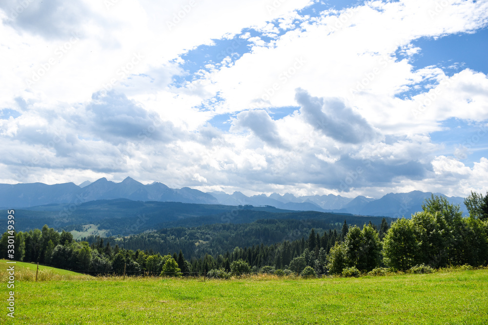Beautiful green grassland and distant blue mountains against dramatic sky background on a nice summer day somewhere in Tatra Mountains in Poland
