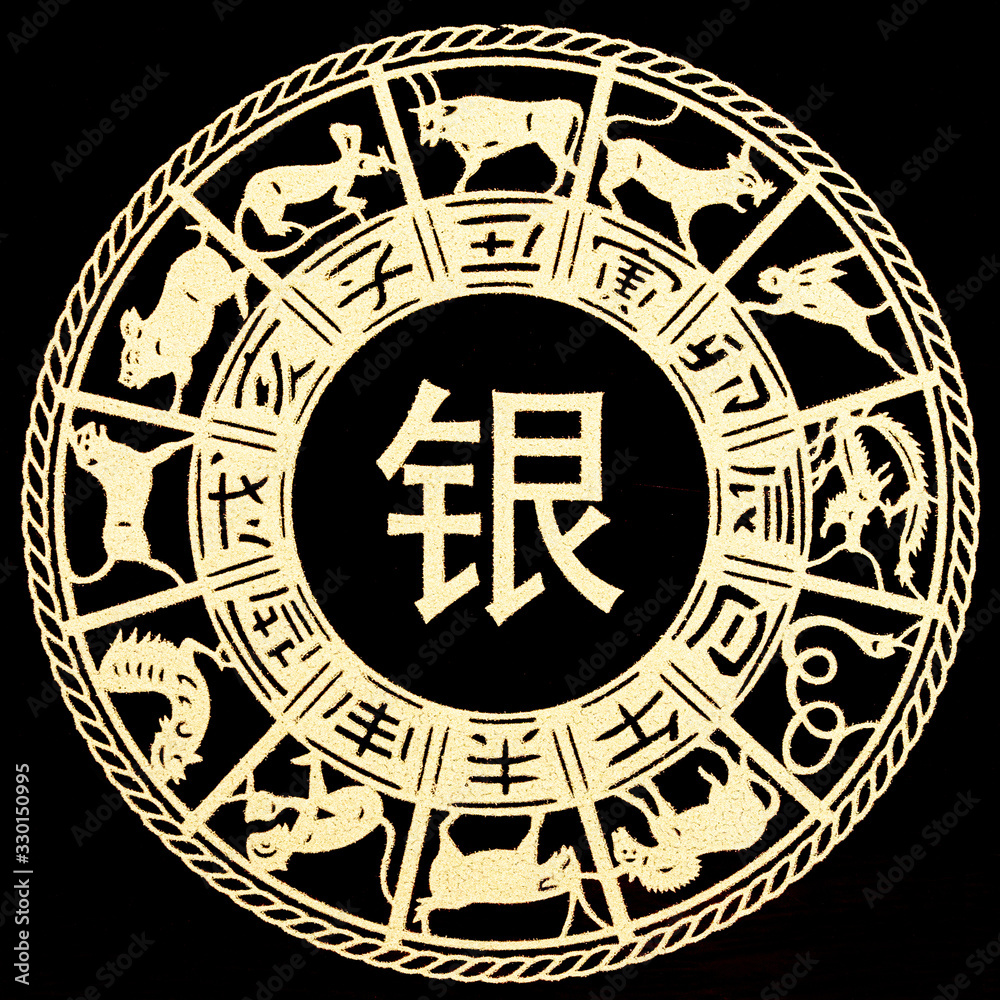 Chinese lunar zodiac, happy chinese new year, gold chinese lunar symbols on black background