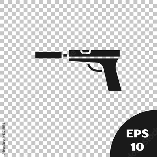 Black Pistol or gun with silencer icon isolated on transparent background. Vector Illustration