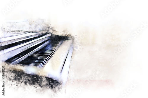 Abstract beautiful hand playing keyboard of the piano foreground Watercolor painting background and Digital illustration brush to art