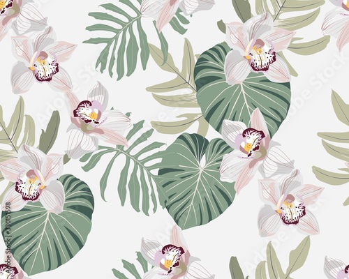 Watercolor style white orchid flowers and many kind of exotic palm leaves seamless pattern. Decorative background in rustic boohoo style for wedding invite, fabric.