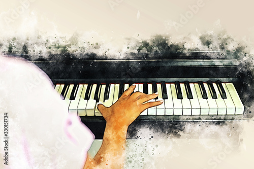 Abstract beautiful hand playing keyboard of the piano foreground Watercolor painting background and Digital illustration brush to art
