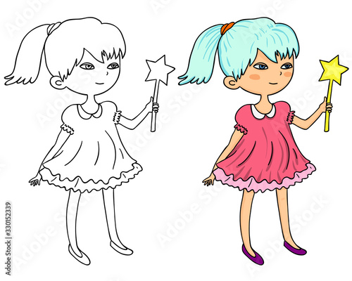 Coloring book, cute girl with a magic wand with an example of coloring.