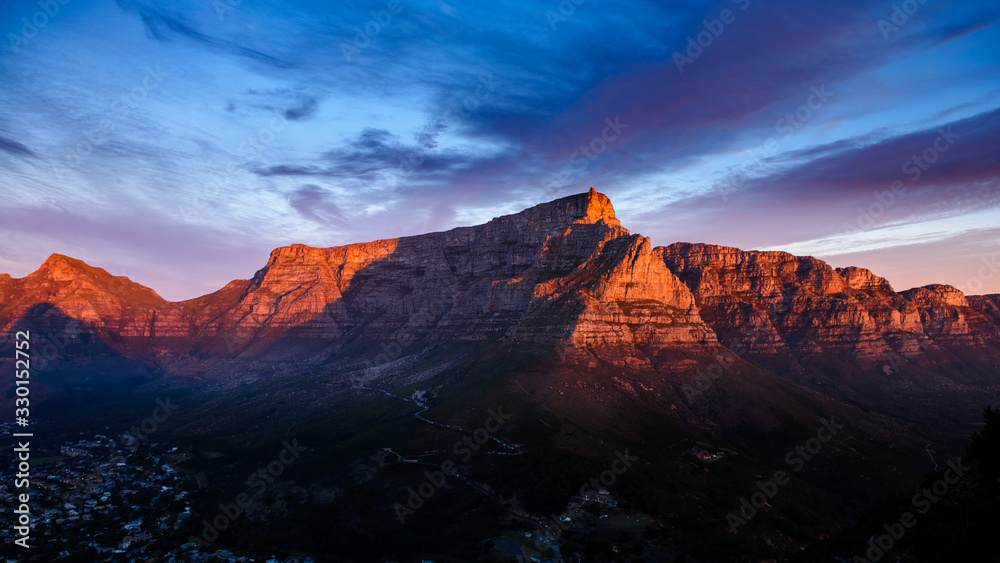 Table Mountain at sunset from Lion's head hiking trail 
