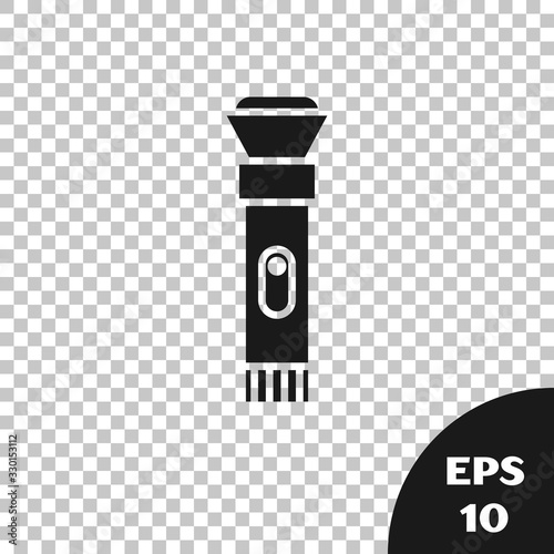 Black Flashlight icon isolated on transparent background. Vector Illustration