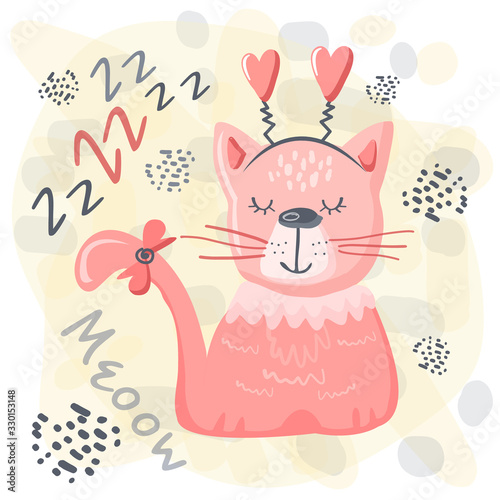 Cute sleeping cat baby pink animal. Nursery vector cartoon sleep animal grey cat, cute print illustration. Adorable pink hand drawn Nurseries pet. Handpainted naive baby sleeping animal background