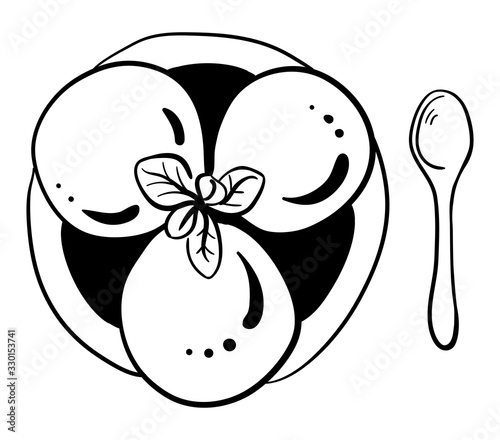 Ice cream in a bowl in sketchy style isolated on white background. Hand drawn vector illustration in sketchy style