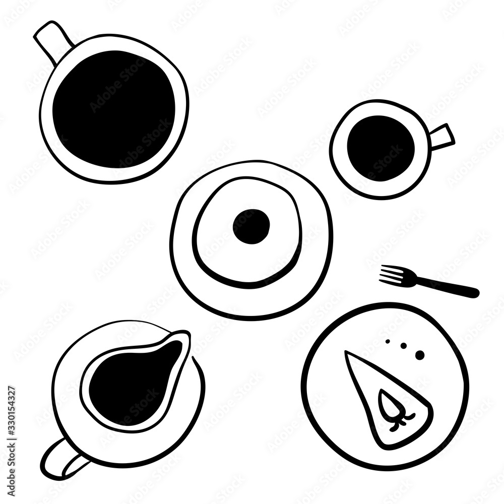 Coffee, milk, donut and cake top view. Hand drawn vector illustration