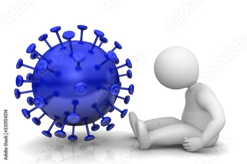 Coronavirus Covid-19 2019-nCov Sars-CoV-2 blue disease sign symbol icon sick infected ill sitting stick man patient 3d rendering photo