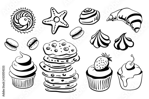 Croissant, cinnamon roll, cupcakes, macaroons, cookies, meringues. Set of desserts  in sketchy style isolated on white background. Doodle hand drawn desserts. Vector illustration