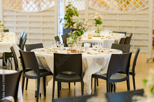 Restaurant table set for a wedding banquet