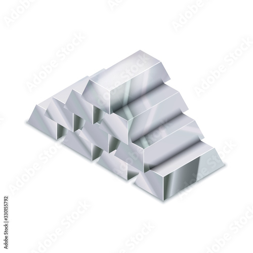 Large heap of realistic glossy silver bars in isometric view on white