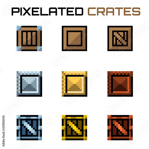 Nine different metal and wood pixelated crates in brown, gold and silver colors for videogames and illustrations.