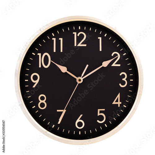 Black round clock with golden hands isolated on white background