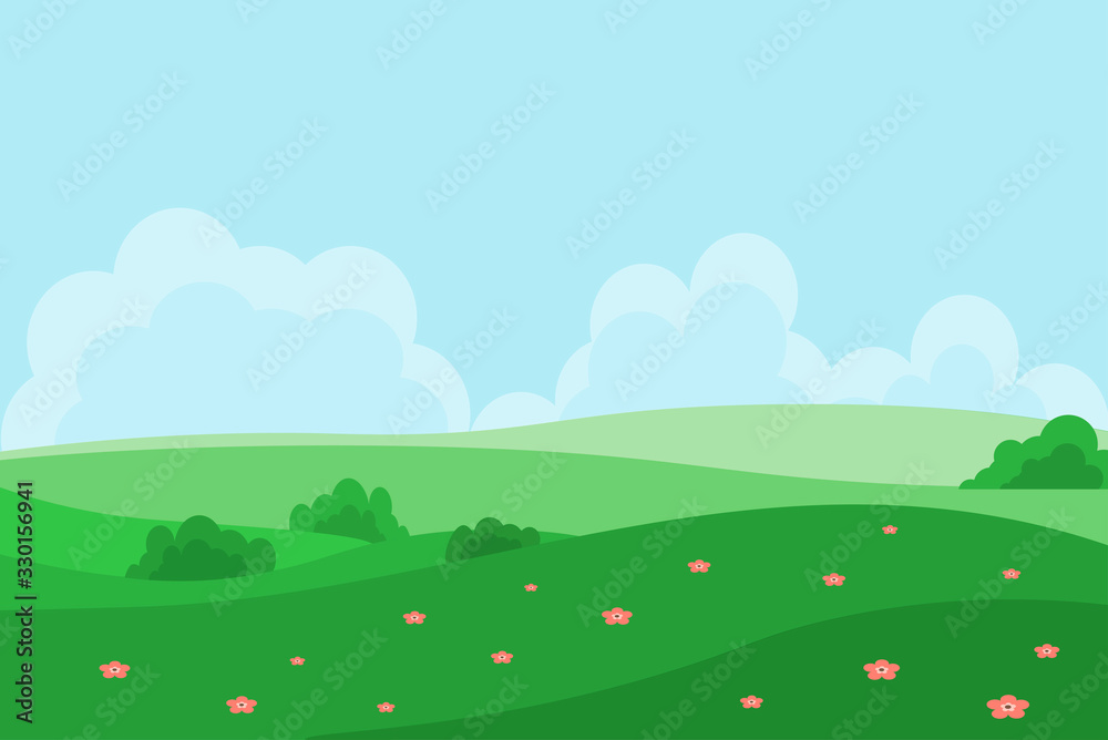 Vector illustration in cartoon style with fields and green hills. Spring or summer landscape.