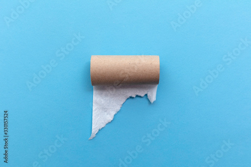 Empty toilet paper roll on a blue background photo