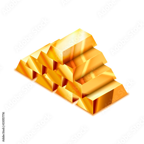 Large heap of realistic glossy golden bars in isometric view on white